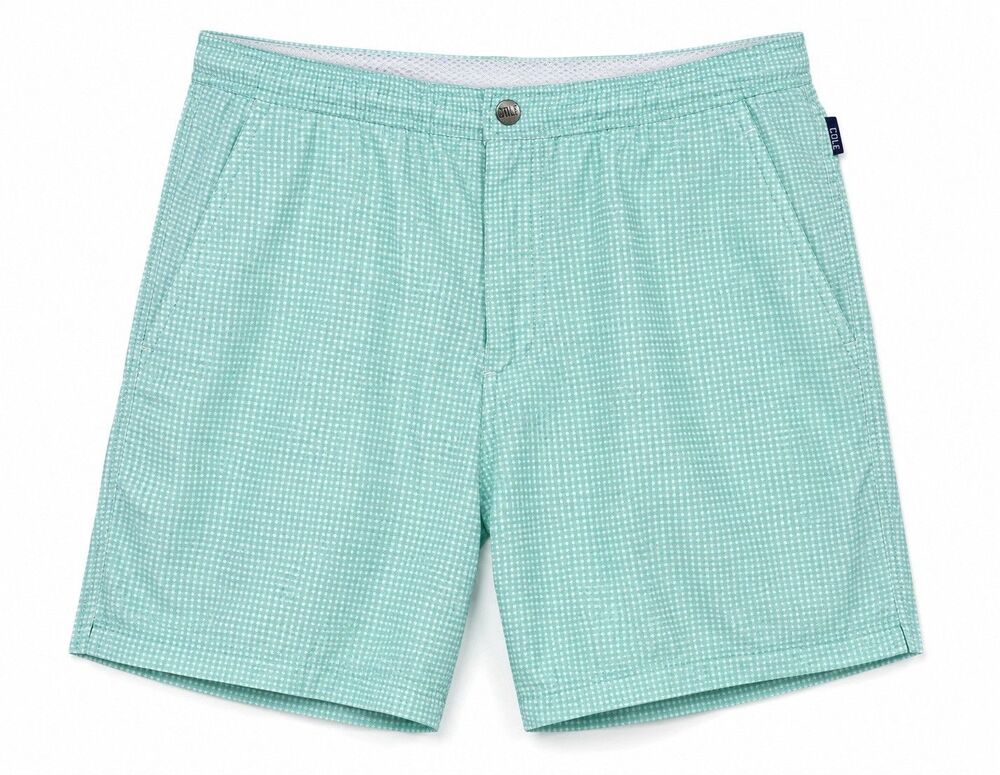 Cole Swim Shorts Men's 34 Green Gingham Lined Back Pocket Mesh Trunks Beach